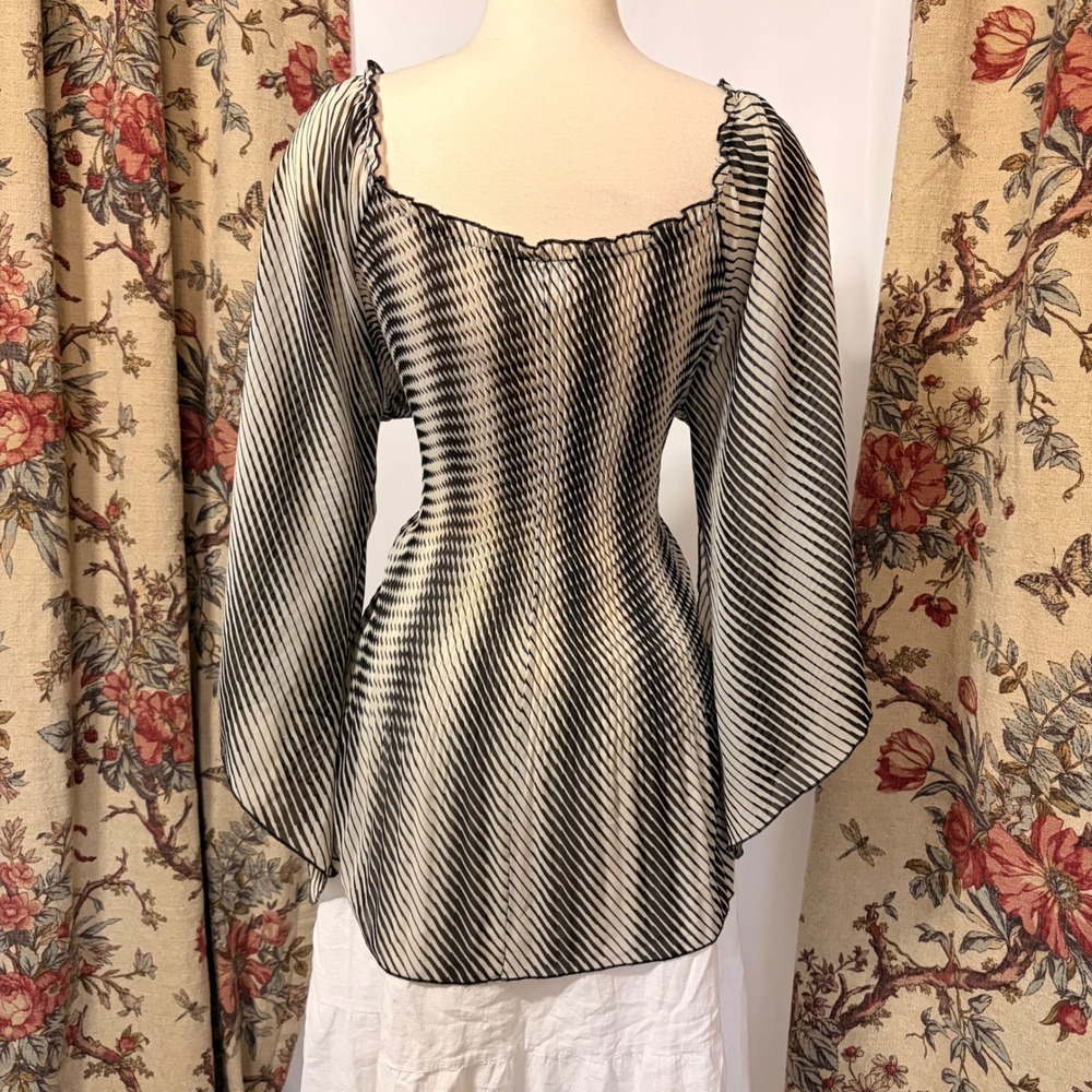 MKM Designs Black White Striped Pleated Tunic with Flowy Flared Angel Sleeve - Picture 5 of 11